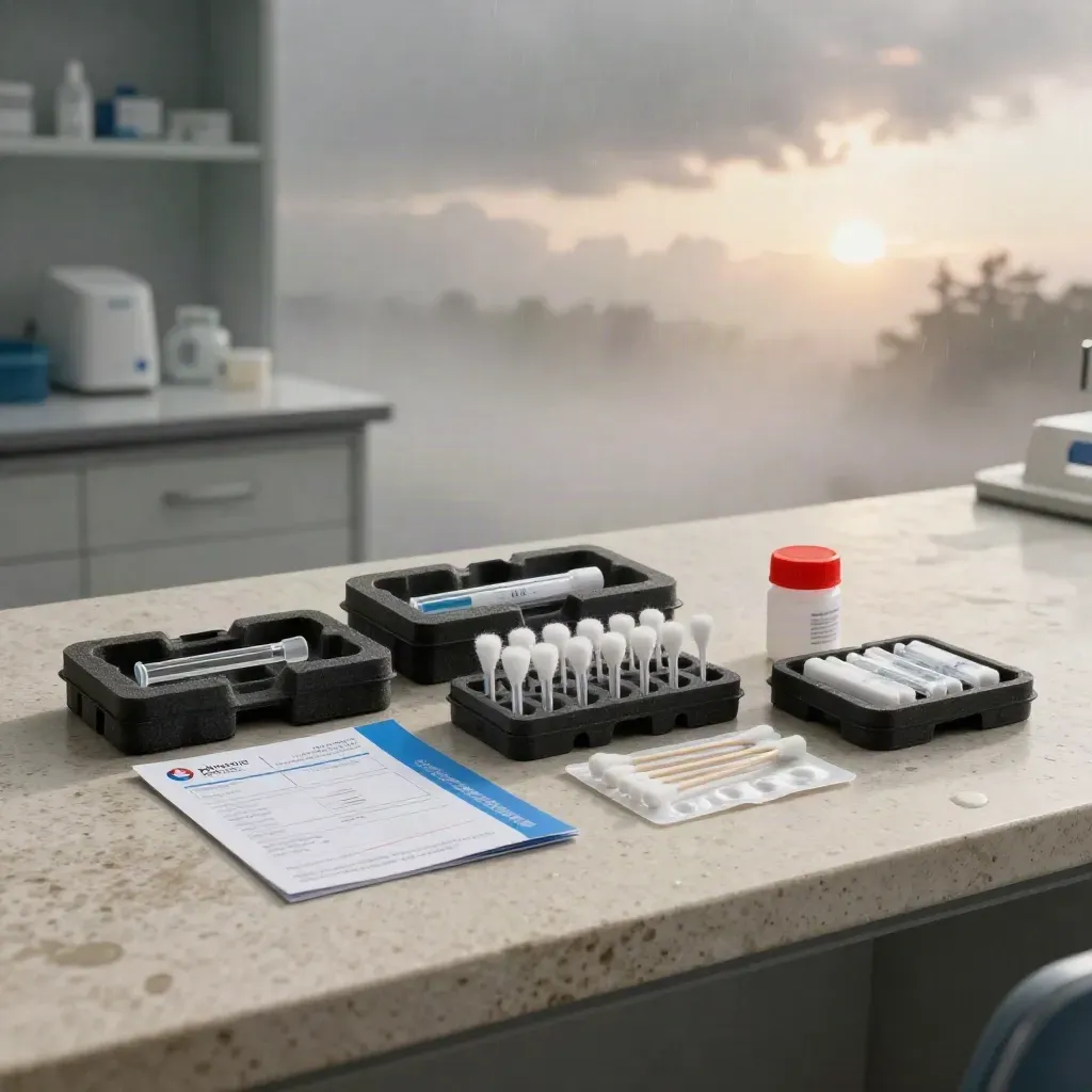 Open Swiss DNA test kit with saliva tube, swab case, vial rack, and rain mist on pale stone.