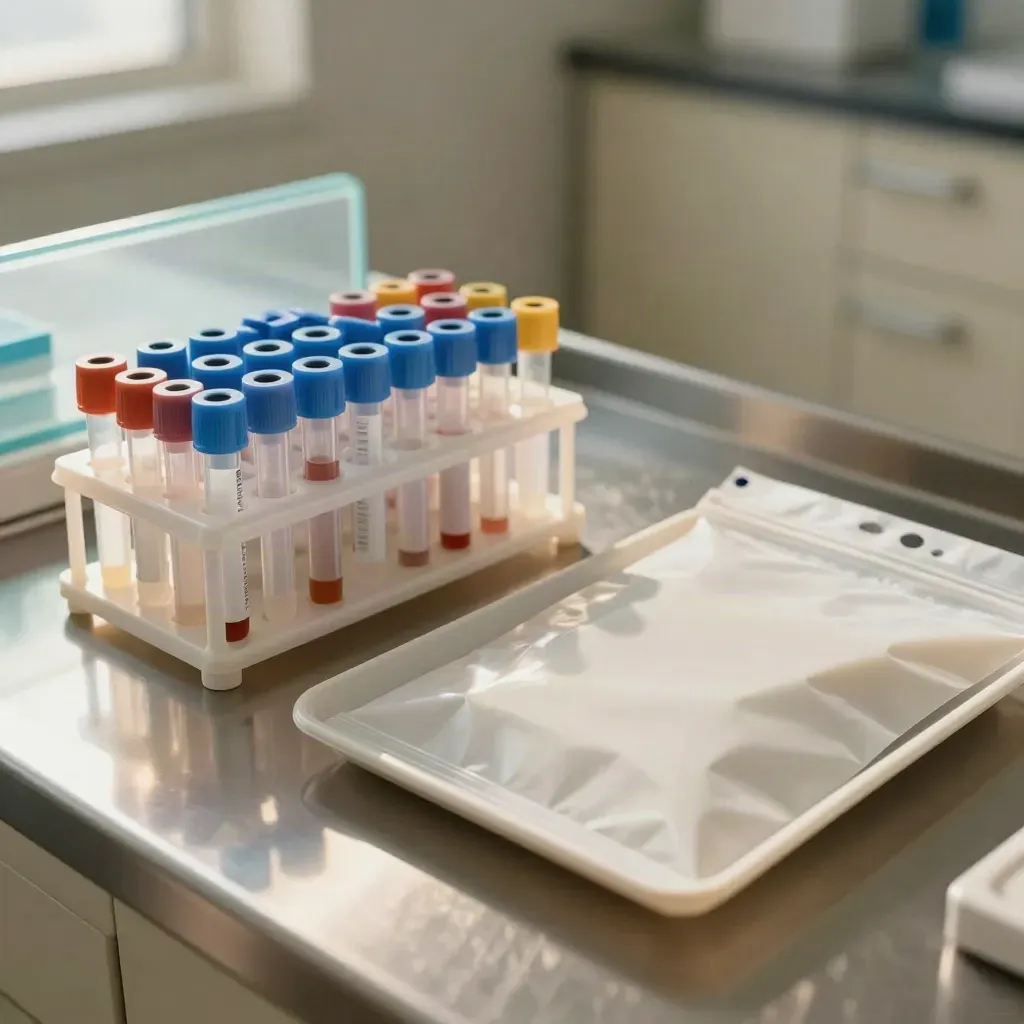 Top-down treatment-room setup with sample tubes, biohazard pouch, and a white tray.