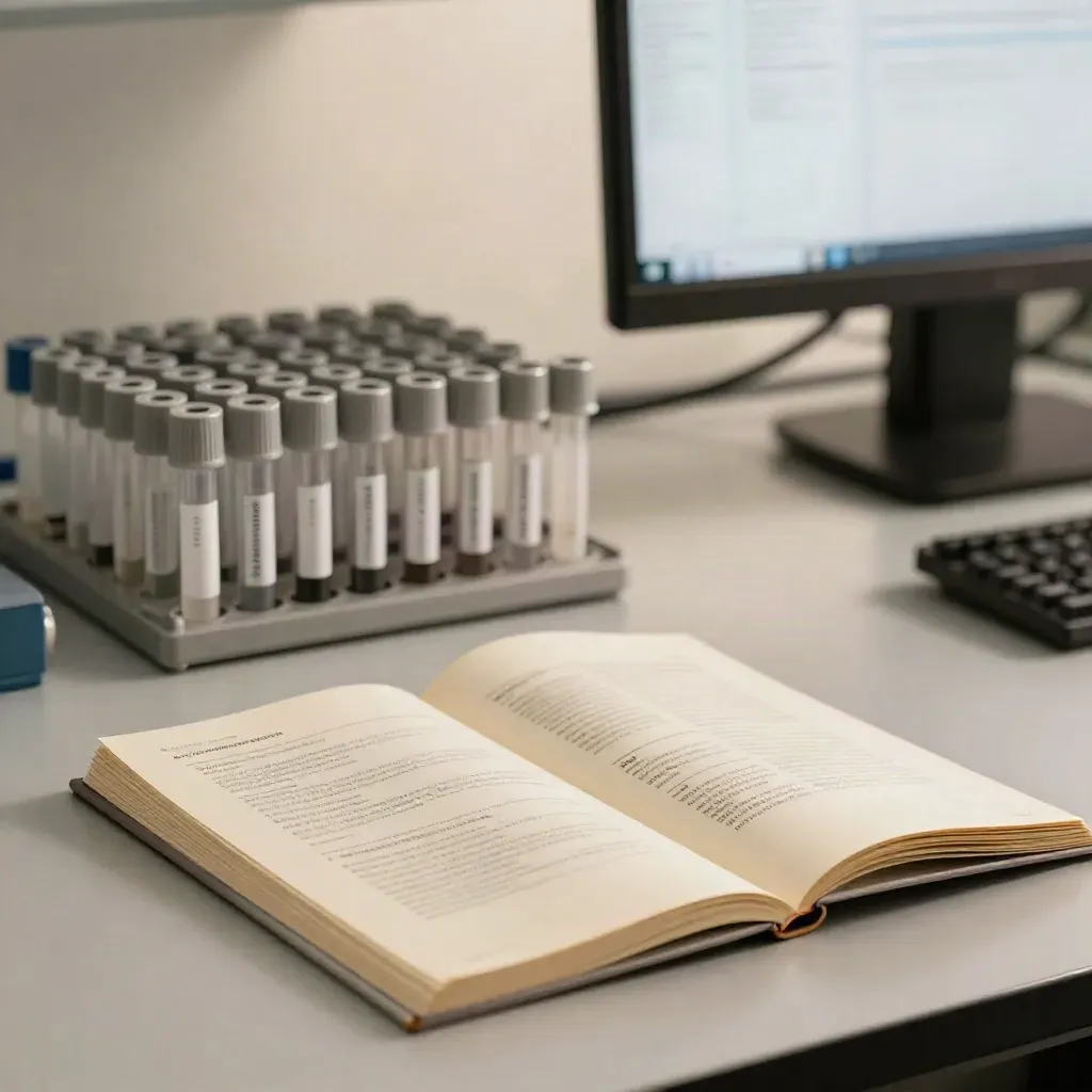 Sequencing report packet, microtubes, and a turned-away monitor glowing on a lab desk