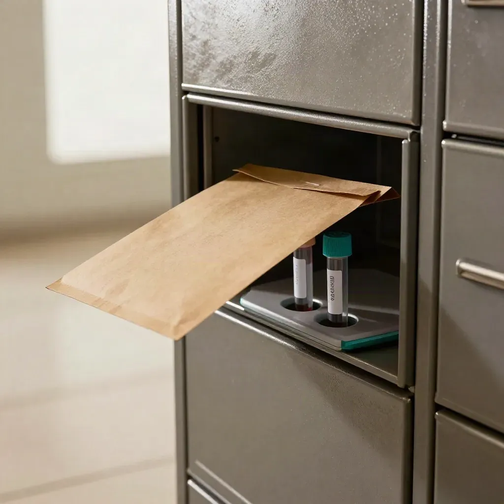 Open locker with a paternity test mailer and two specimen tubes, lit by a cool draft