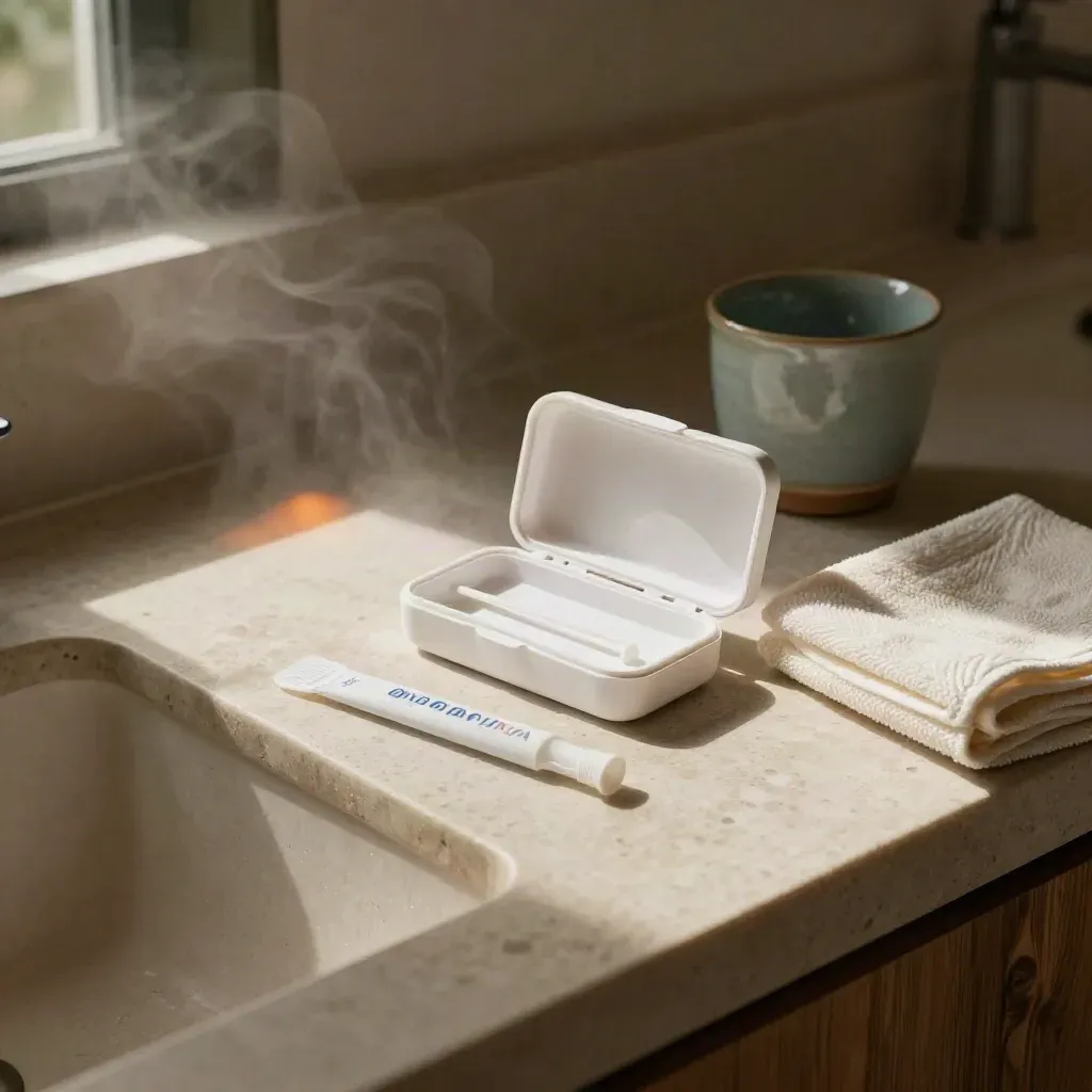 Bathroom vanity with saliva DNA kit, swab case, collection tube, towel and ceramic cup in warm light.