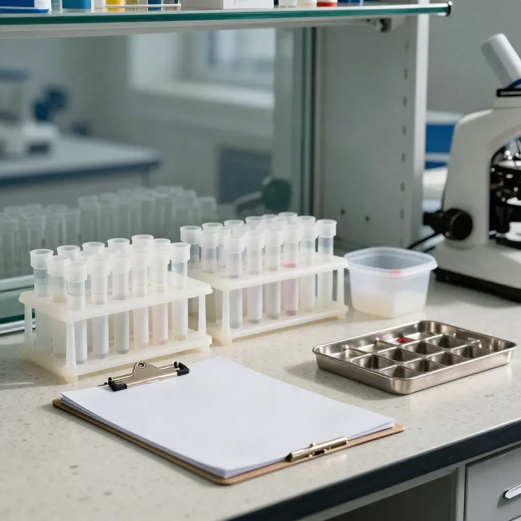 Glass-walled genetics lab corner with sample vials, frosted rack and matte folder under raking light
