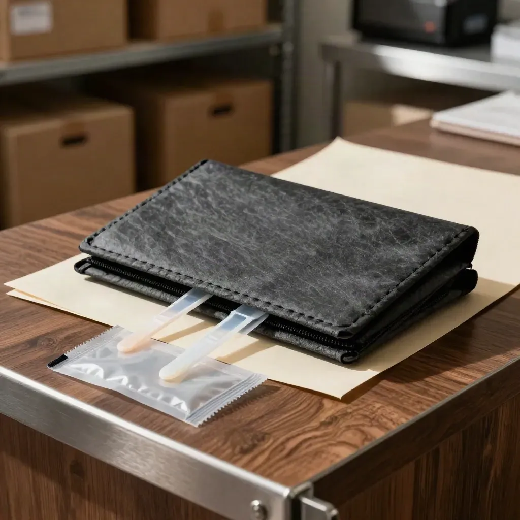 Slate paternity test pouch, twin swab sleeves, and chain-of-custody bag on a dispatch counter.