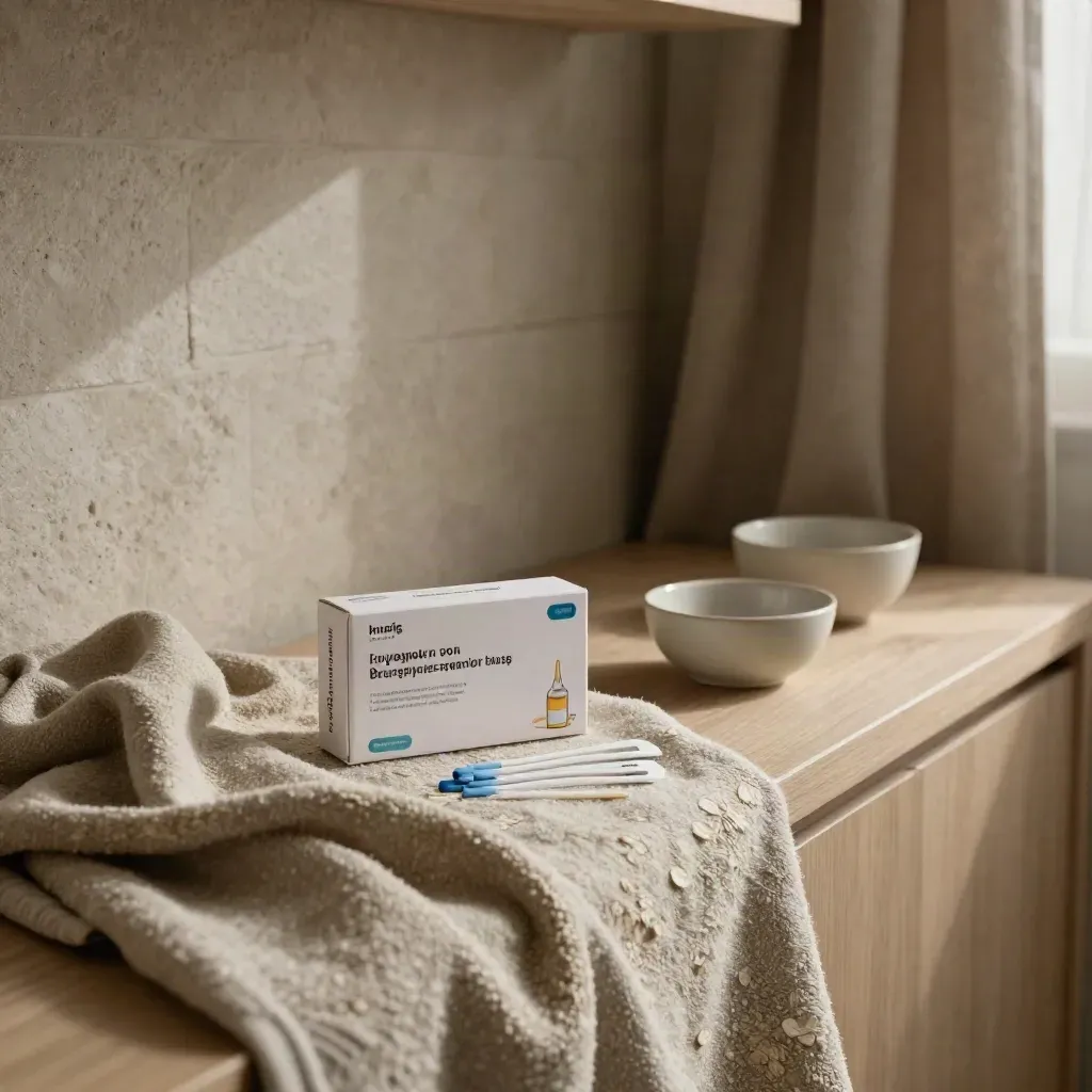 Inheritance screening kit beside a folded blanket and nursery shelf in soft dusk light