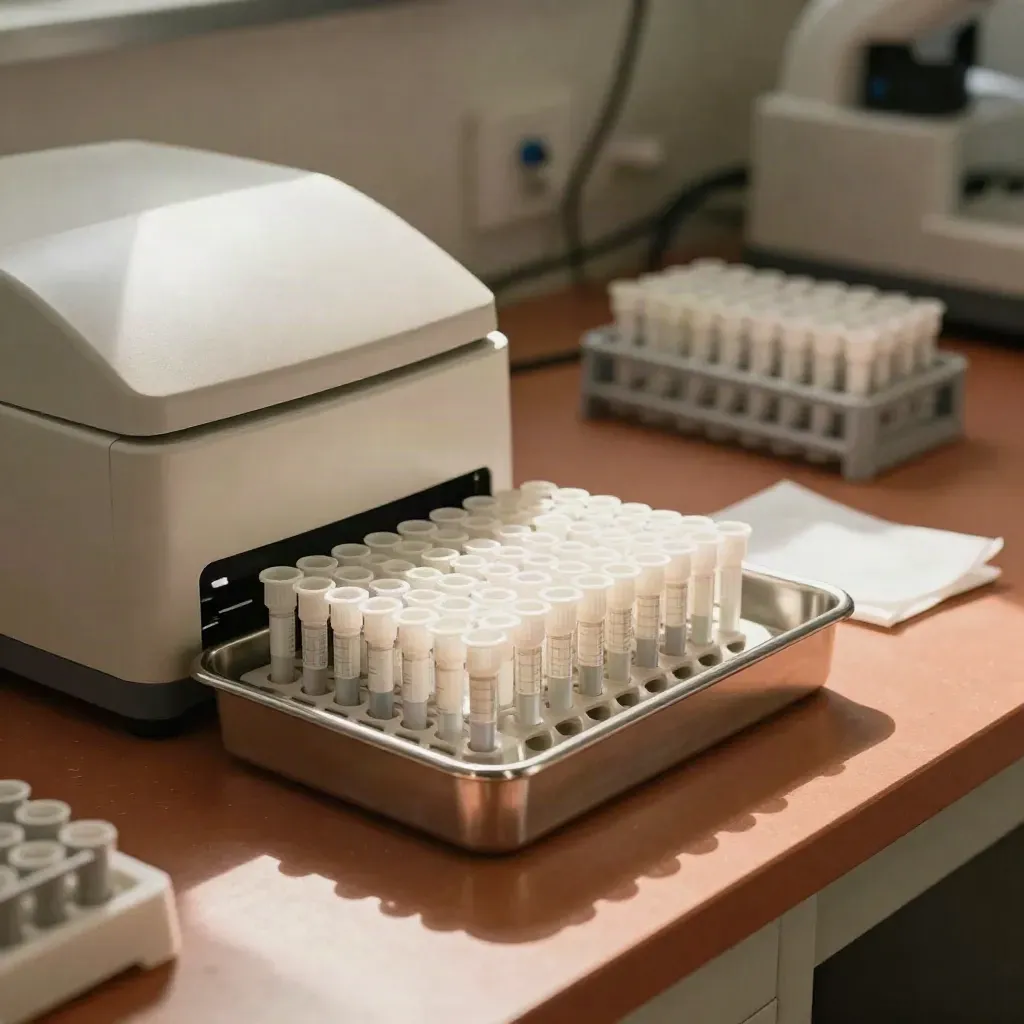 Sample processing bench with tubes, centrifuge lid, tray, and racks in soft daylight