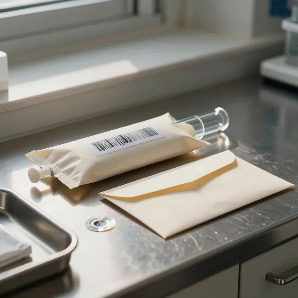 Low-angle lab workflow with sealed tube, pouch, and report envelope on stainless steel.