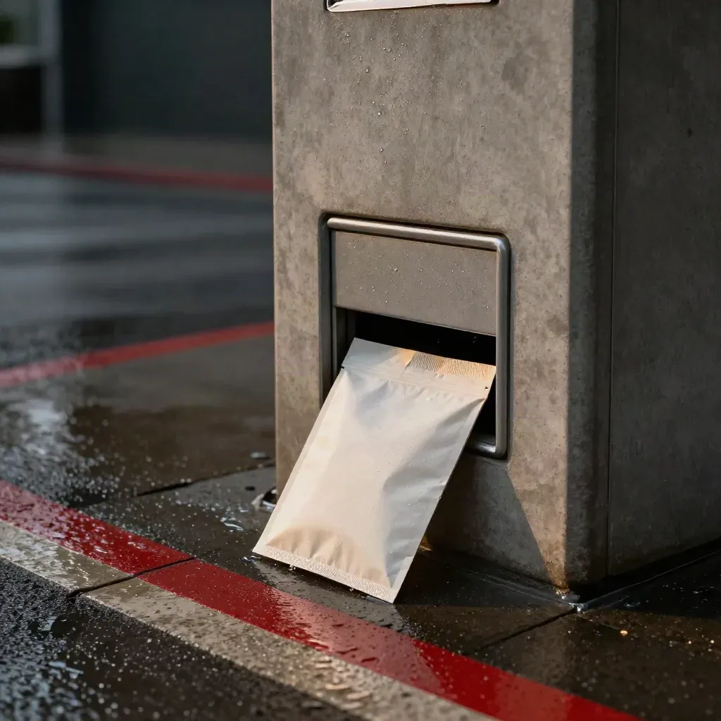 Rain-dark courier drop kiosk with a sealed paternity return mailer at twilight.