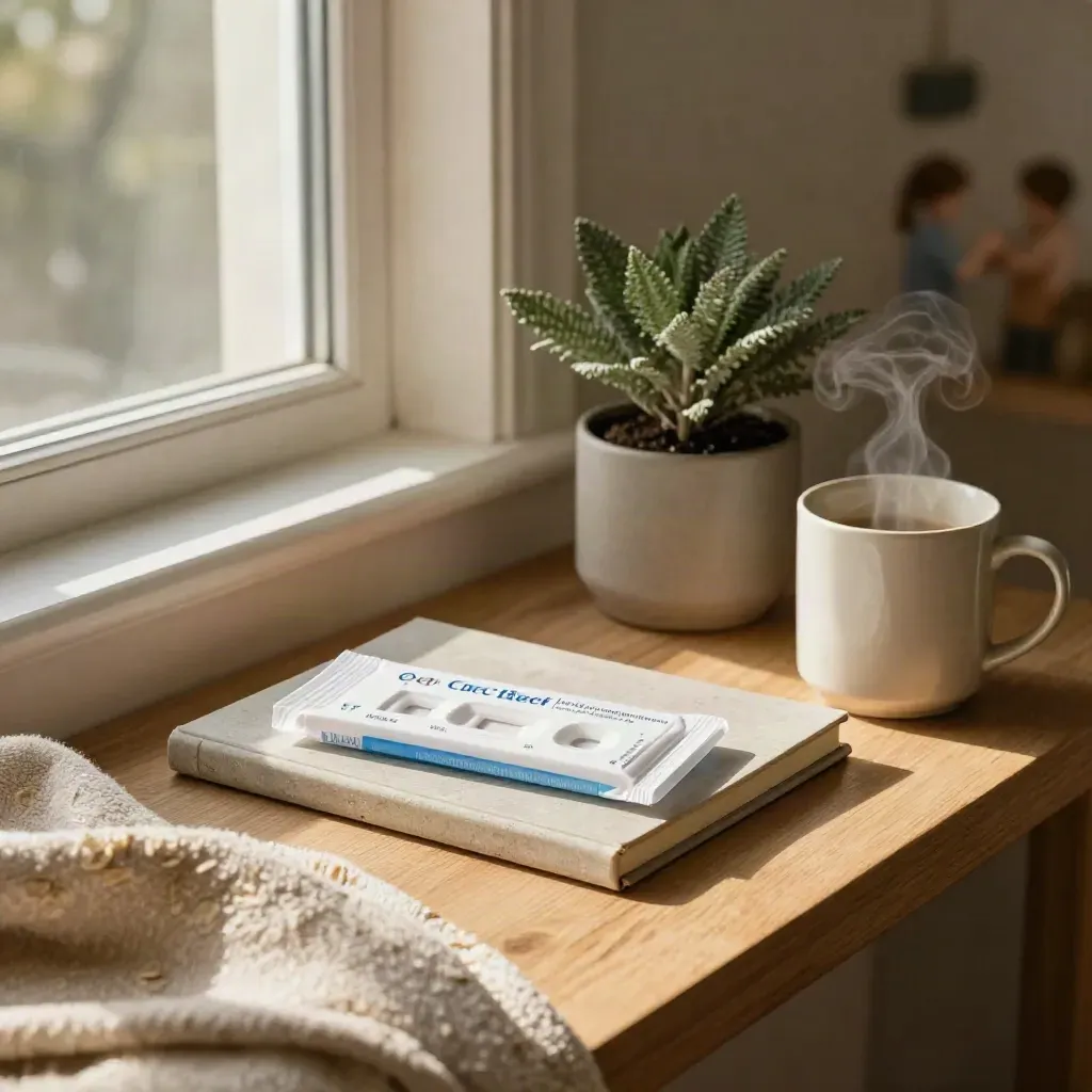 Sealed carrier screen kit on a sunlit window bench with blanket, notebook, plant and steam.