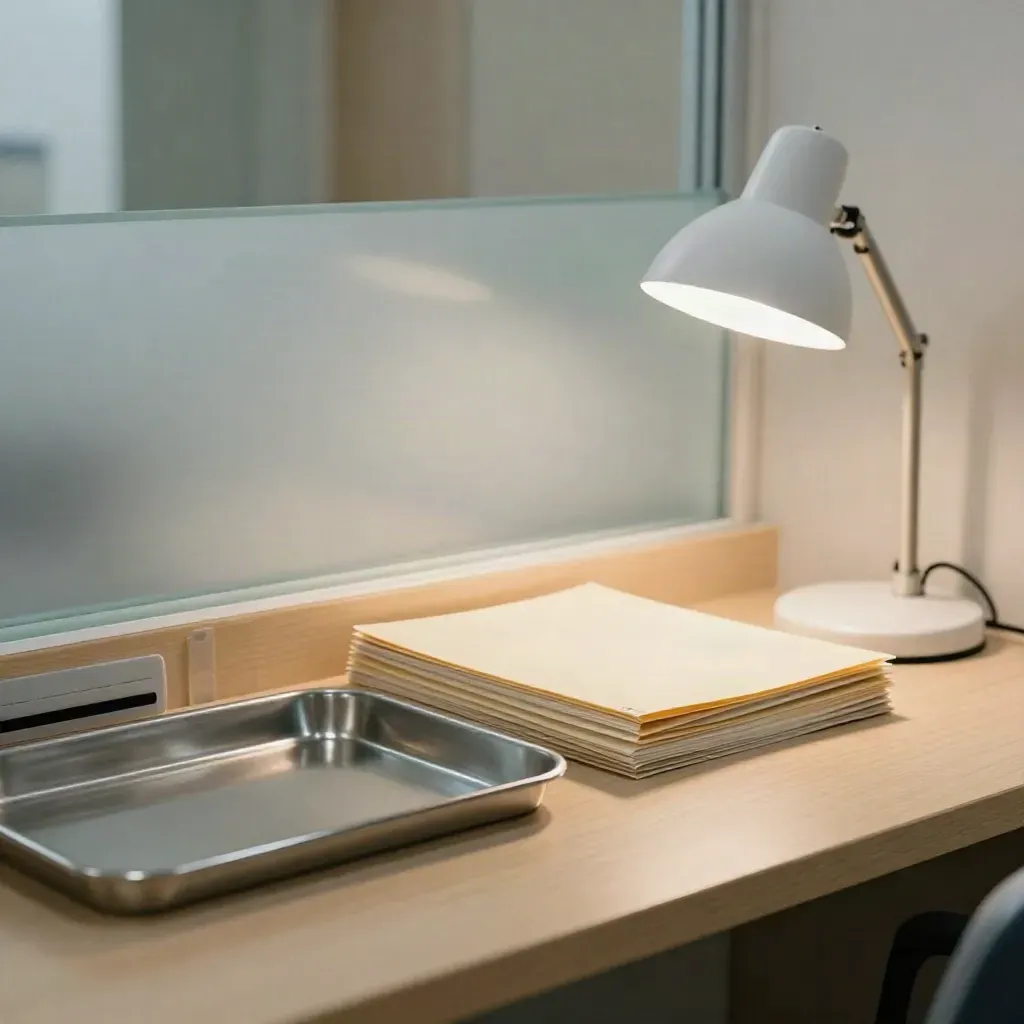 Clinic support desk with intake tray, folders, frosted glass partition and warm desk lamp