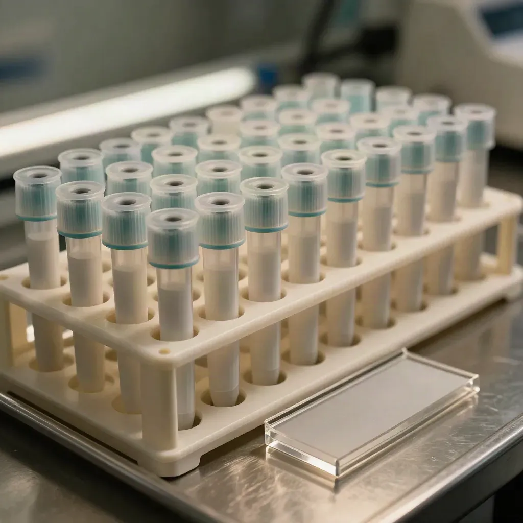 Modular gene panel tube rack sorted into groups beside a blank cardholder.