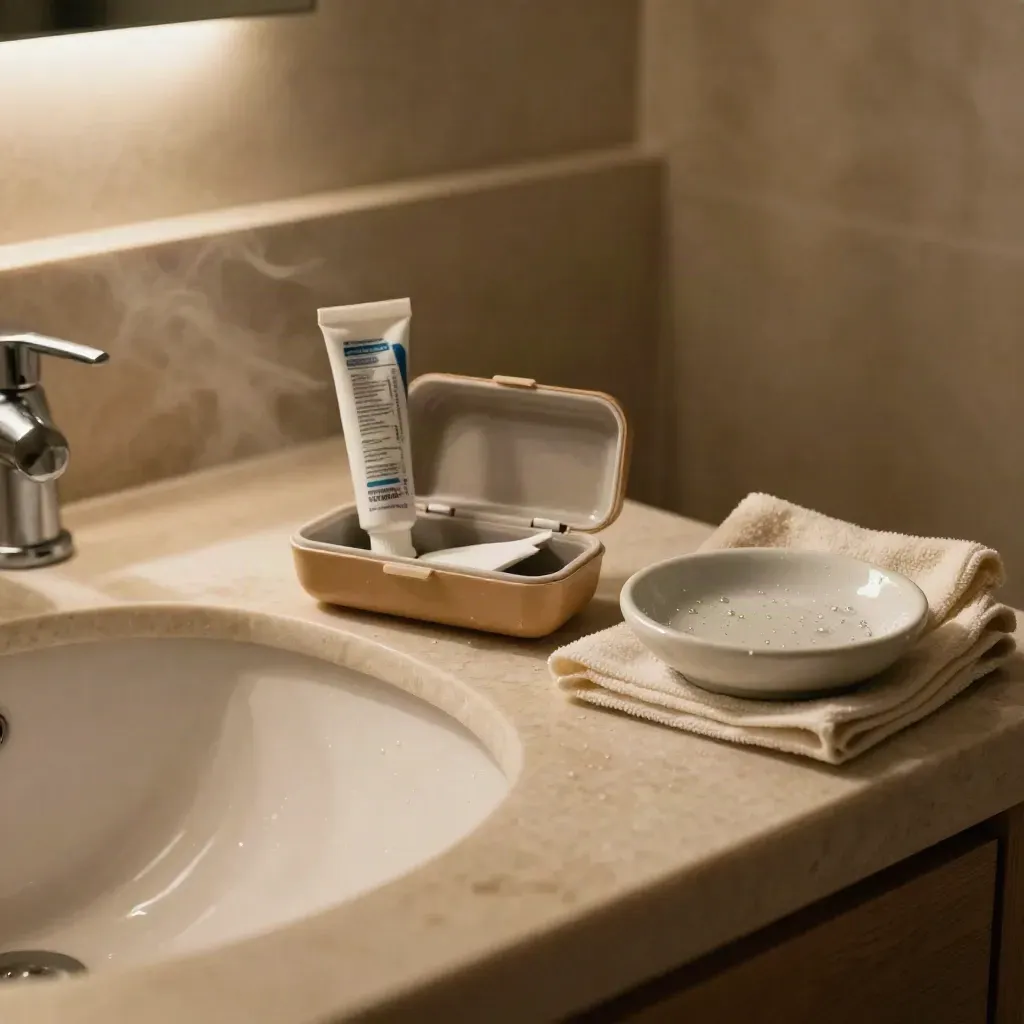 At-home sample kit beside a sink with steam, towel, swab case, and tube