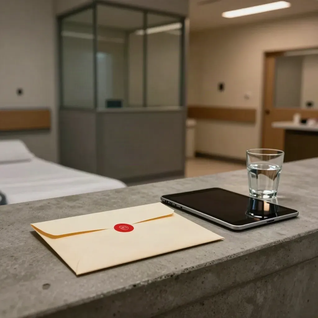 Sealed genetics results packet beside a turned tablet and water glass in a moody clinic nook.