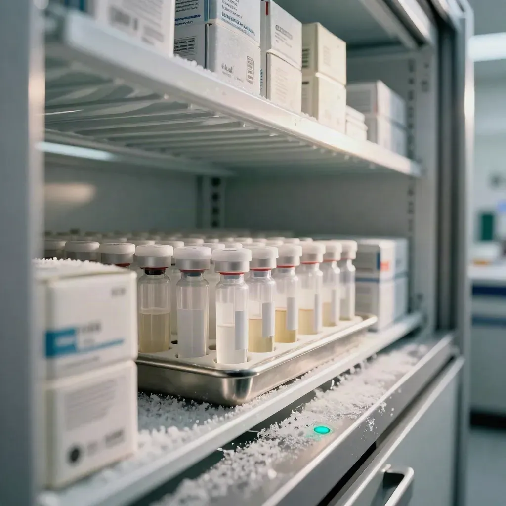 Open biobank freezer shelf with sealed vials, sample boxes and a stainless tray in cold mist