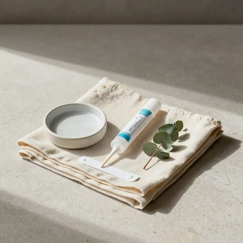 Open saliva swab kit with tube, dish, linen and eucalyptus on pale stone, top-down