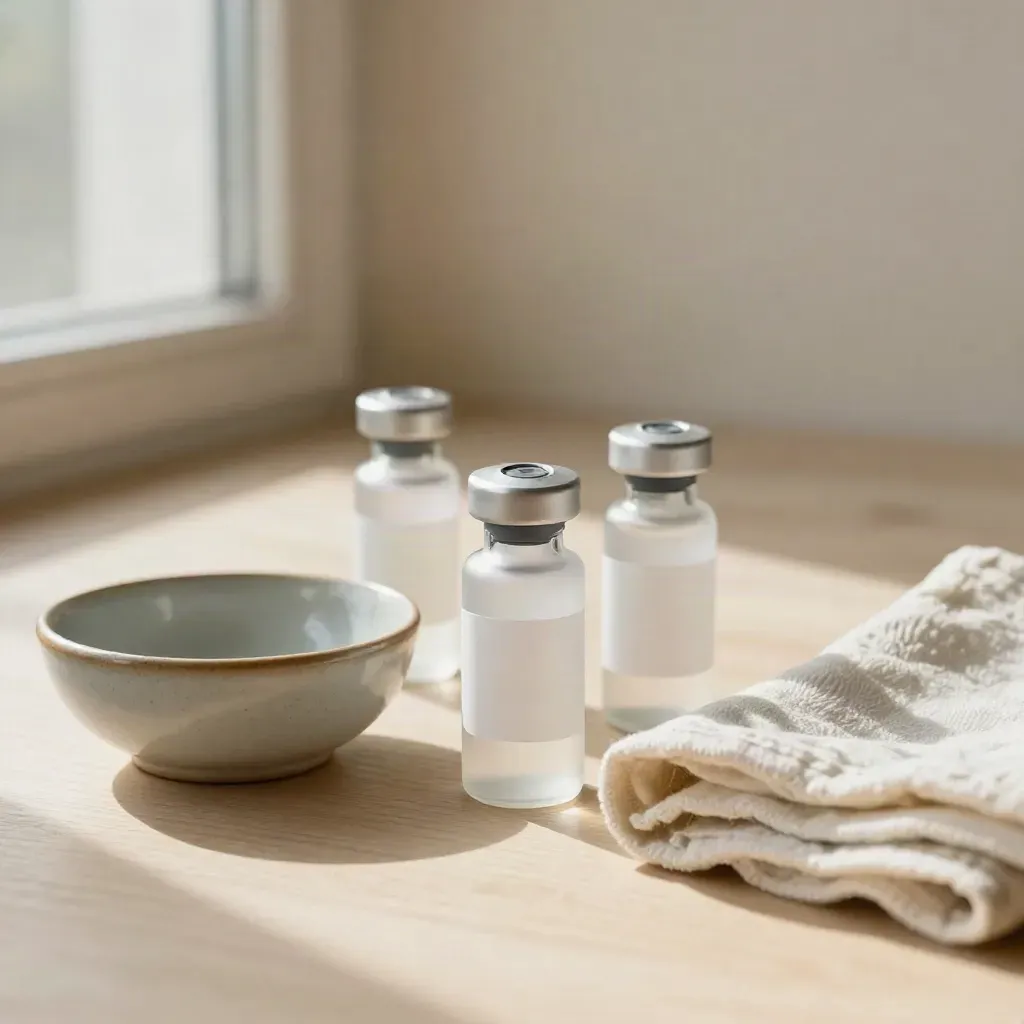 Three sealed sample vials beside a ceramic bowl and folded cloth on pale wood.