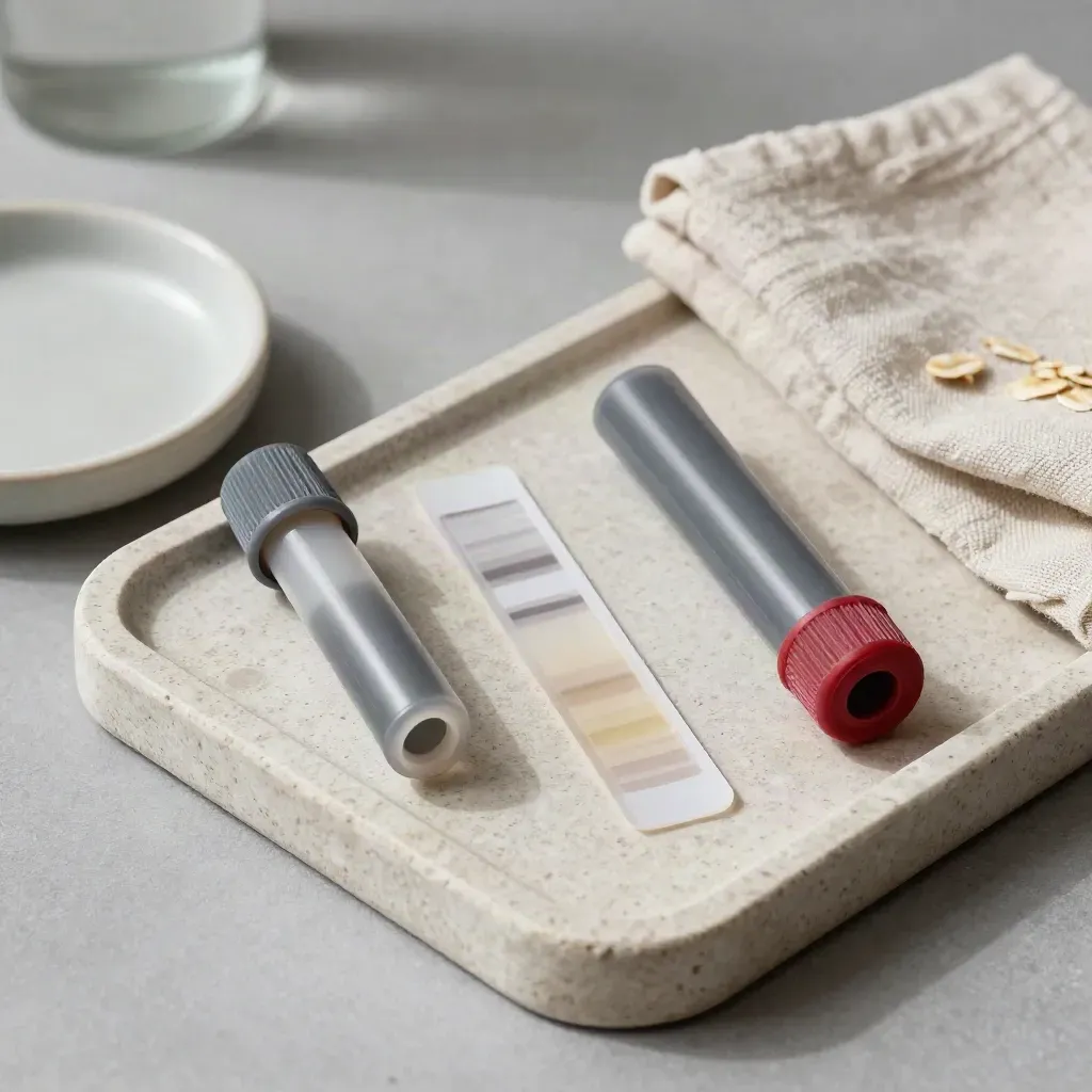 Stone tray with variant strip, microtubes, ceramic dish, and linen cloth.