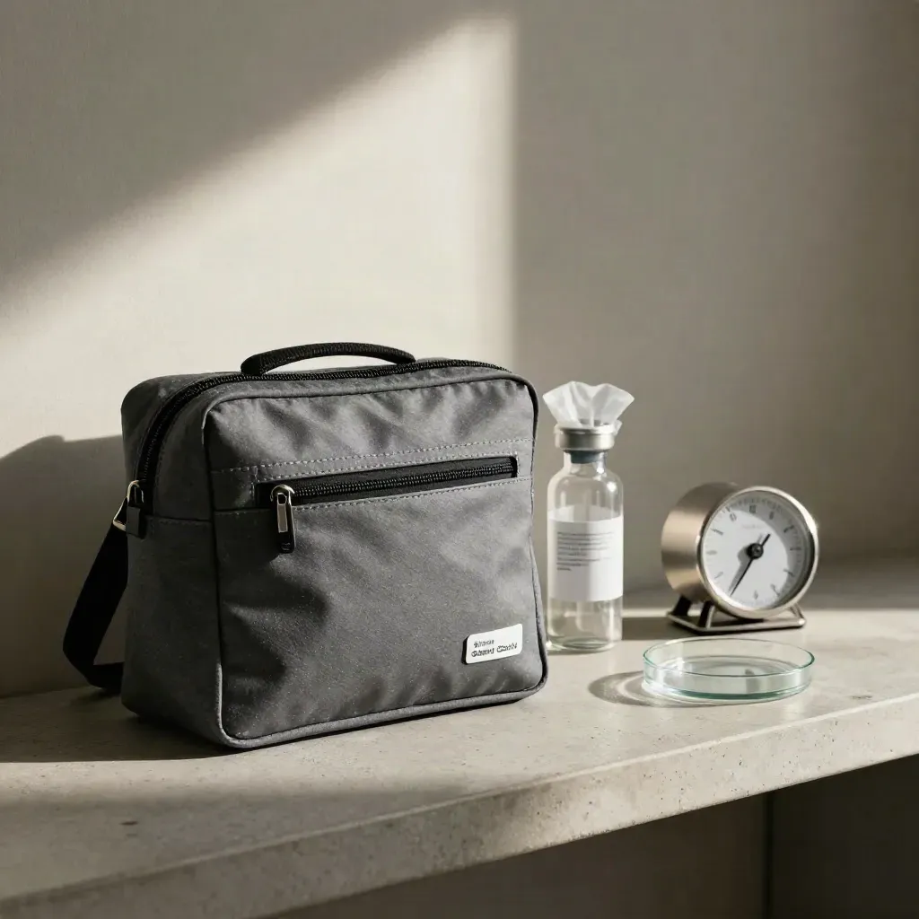 Slate lab pouch with vial, timer, and glass dish on a cool concrete shelf